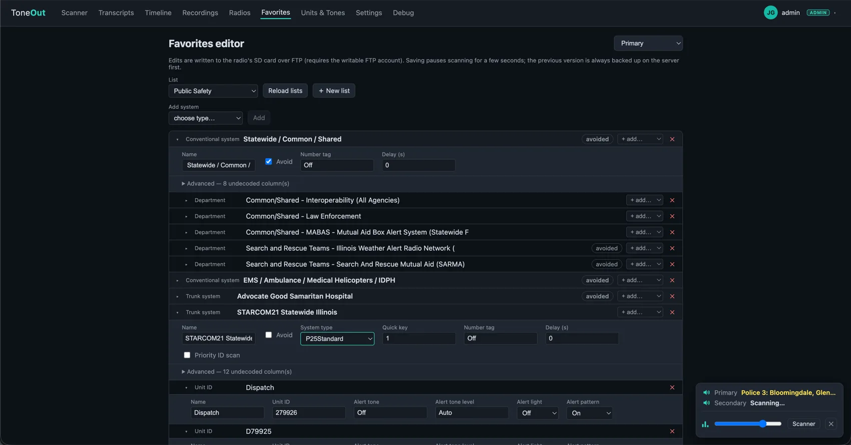 ToneOut favorites editor: edit a radio's favorites lists in the browser — systems, departments and unit IDs with avoid flags, alert tones and scan settings